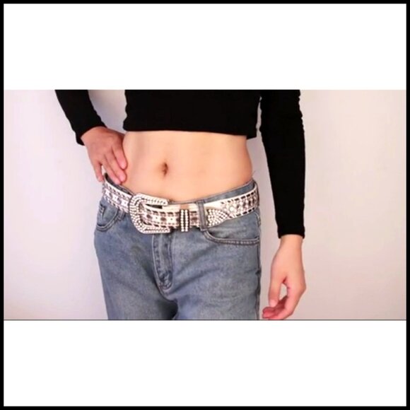Rhinestone Bohemian Leather Belt Silver Buckle 1.5\
